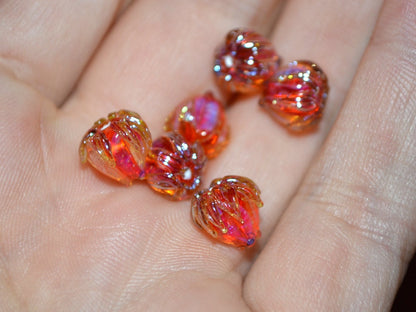 Orange silver flower beads, 7mm glass beads, Small flower beads, Netting pattern beads, Flower glass beads,Tiny glass bead,Artisan lampwork