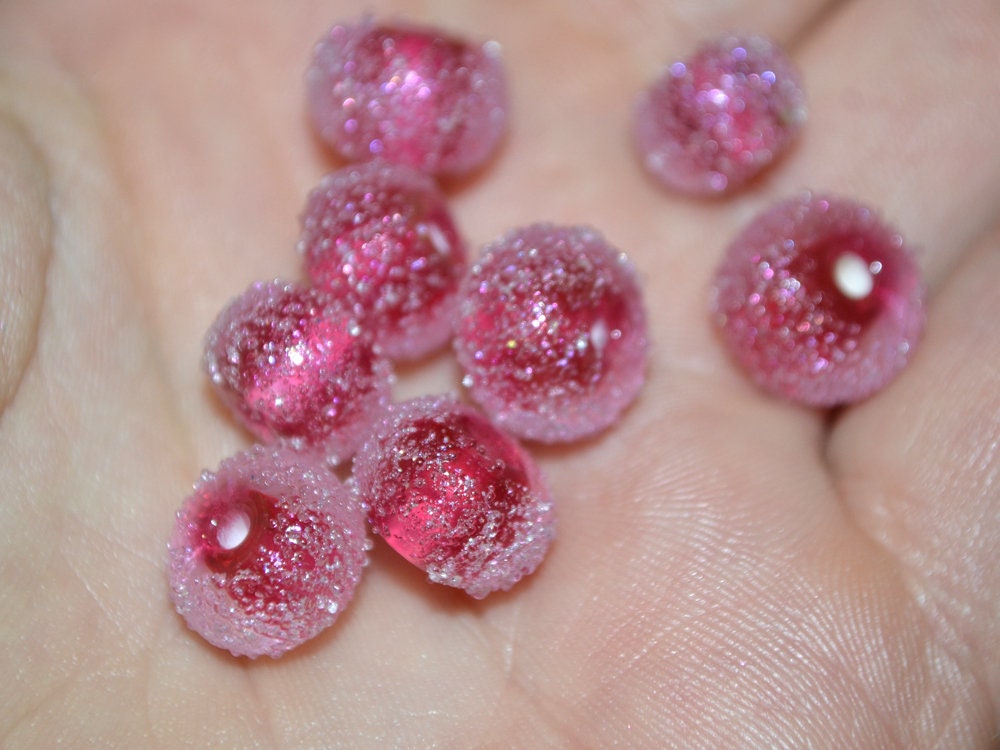 Ruby rose frosted glass beads, Frosted pink beads, Gumball bead, sugar glass beads, Artisan lampwork, Rondelle bright pink, sparkle glass
