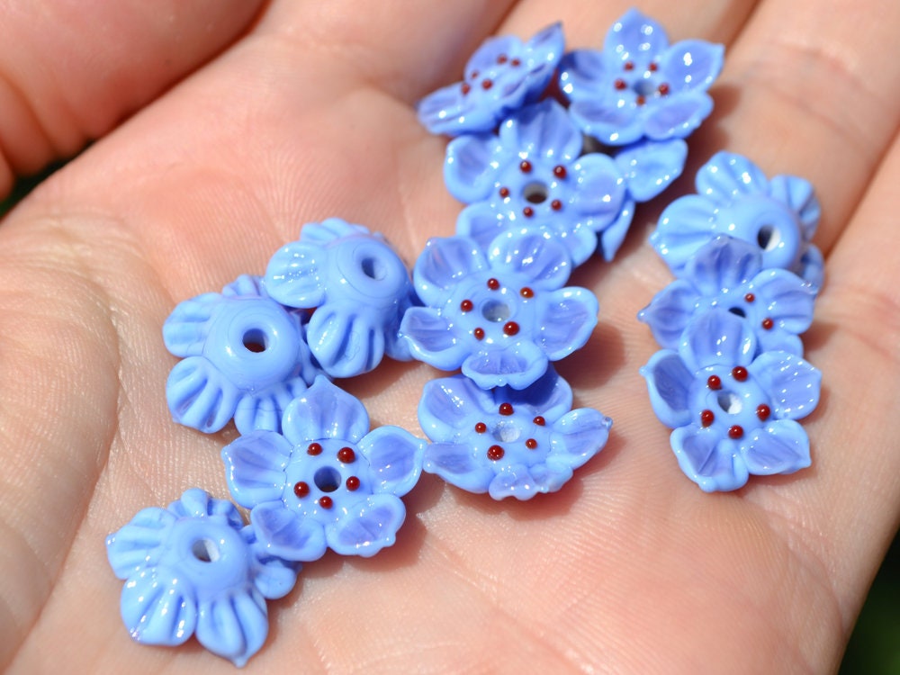 Lampwork blue purple flower beads for jewelry making, Cornflower blue glass beads, Lavender blossom beads, Artisan lampwork, Floral Beadwork