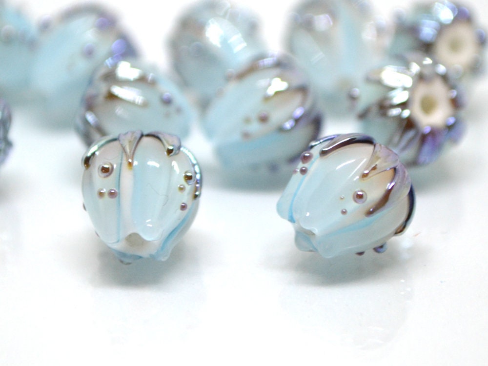 Pastel blue flower glass beads silver, 10mm glass beads, Pale blue lampwork flower bead, Floral lampwork, Handmade glass bead Something blue