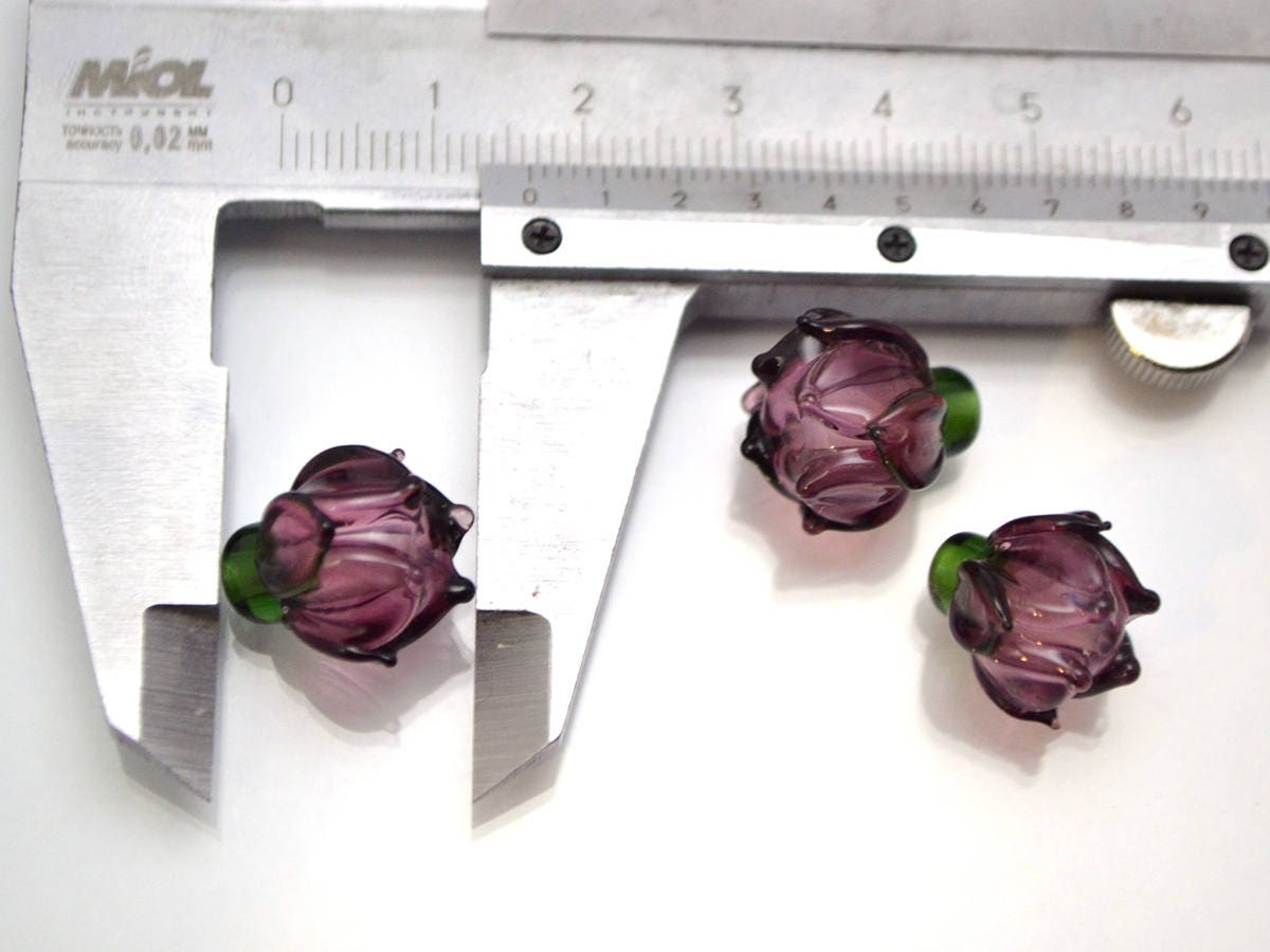 purple flower lampwork glass bud beads floral jewelry making set artisan lampwork earrings necklace violet amethyst transparent green