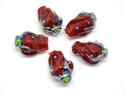 Red bud rose beads, Lampwork Glass Rose Bud Bead, Flower lampwork bead, Focal lampwork beads