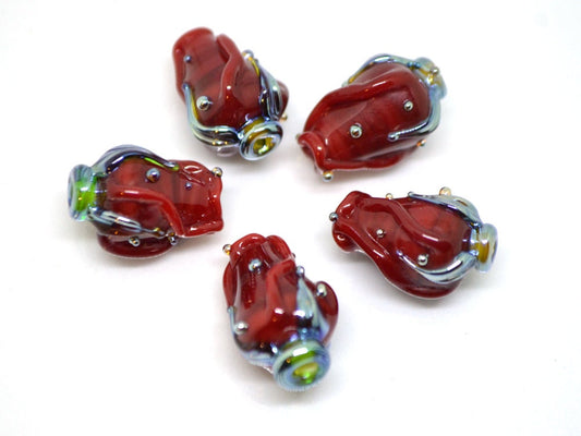 Red bud rose beads, Lampwork Glass Rose Bud Bead, Flower lampwork bead, Focal lampwork beads