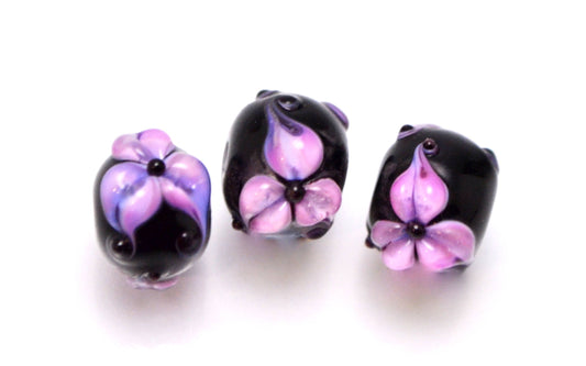 pink glass jewelry round shape black color bead handmade black set flower jewelry decor lampwork bead  artisan lampwork glass lily flower