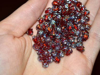 Red wine and silver floral lampwork beads, 7mm glass beads, Half drilled beads, Very small beads, Tiny beads