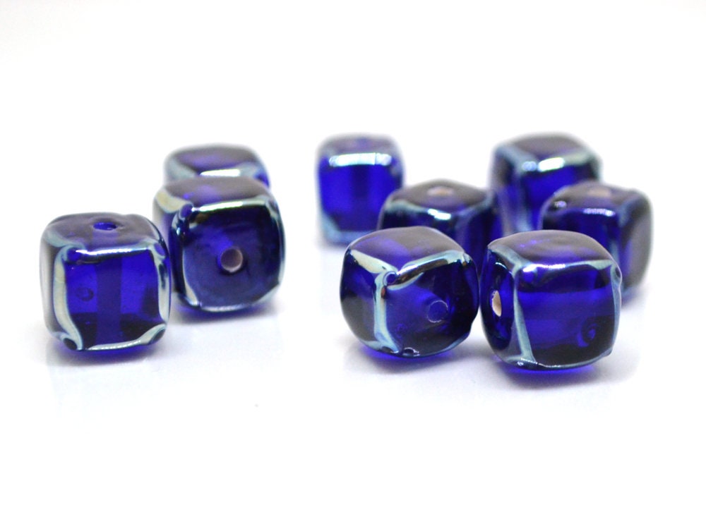 cobalt blue square beads blue cube beads blue spacer beads blue lampwork beads artisan lampwork 10mm cube beads glass blue beads spacer