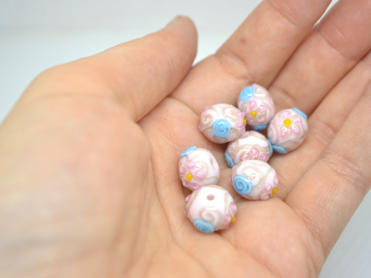 white murano glass lampwork, ethnic beads with flowers and curles, jewelry making venetian italian handmade beads