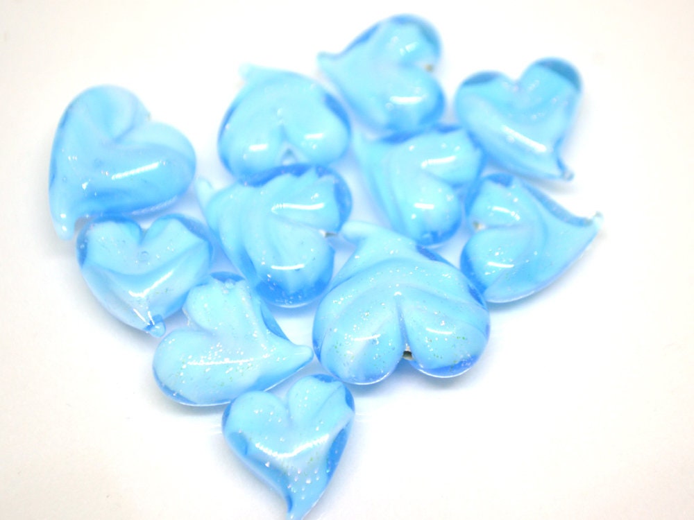 Blue heart beads, Sparkle Lampwork heart, Sky blue glass beads, Glass heart shape bead, Heart charm beads, Half-drilled beads, Handmade