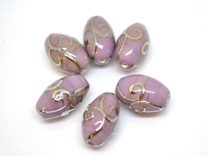 Purple glass lampwork oval beads with silver swirl texture lavender earrings beads, rhombus beads, oval glass beads, handmade glass beads
