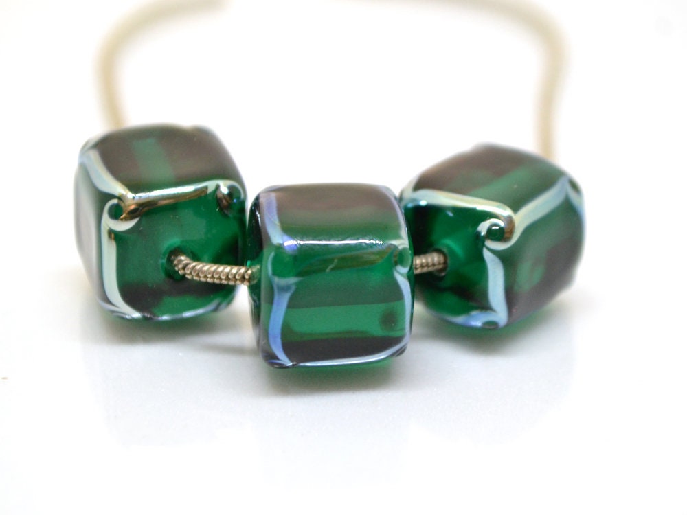 emerald glass beads handmade green cube beads lampwork cube bead geometric glass bead square lampwork bead art glass beads green silver bead