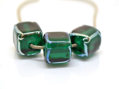 emerald glass beads handmade green cube beads lampwork cube bead geometric glass bead square lampwork bead art glass beads green silver bead