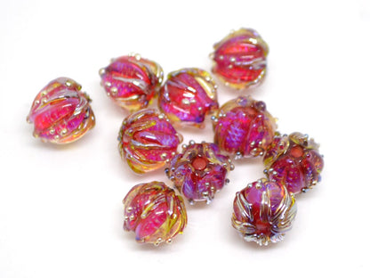 Fuchsia red gold flower beads, 10mm flower beads, Flower glass beads, Artisan Lampwork, Bright glass beads, Handmade glass art, Floral beads