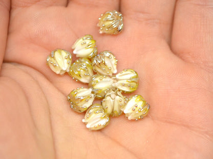 White flower beads with gold leaves, Tiny glass beads, 7mm flower beads, Small lampwork beads