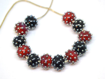 Red black handmade glass beads with silver dots, Artisan lampwork, Beads for bracelet, beads pimples