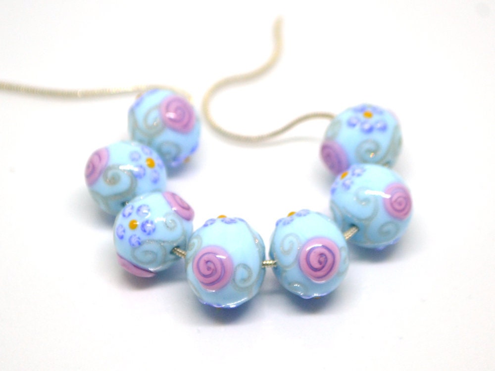 Venetian glass beads - Sky blue handmade beads with pink flowers and gold swirl, Artisan Lampwork Vintage glass bead Rondelle Jewelry making