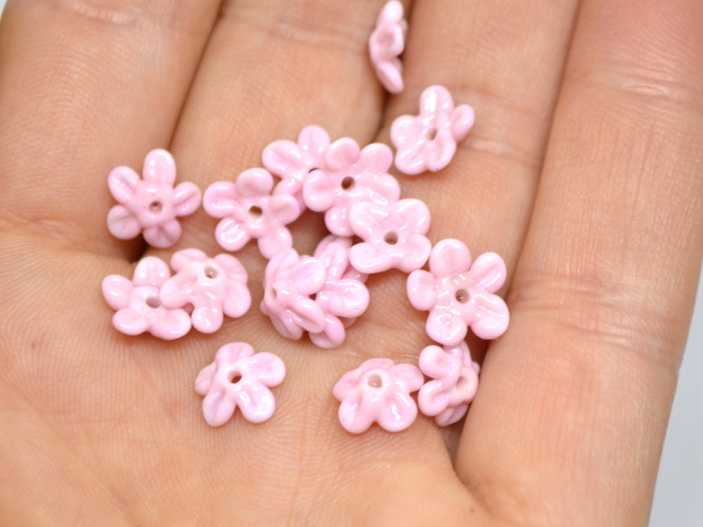 Opaque pink Mini flower beads, Pink spacer beads, Wedding lampwork, Flower bead caps, Flower applique, Tiny flowers, Small flower beads