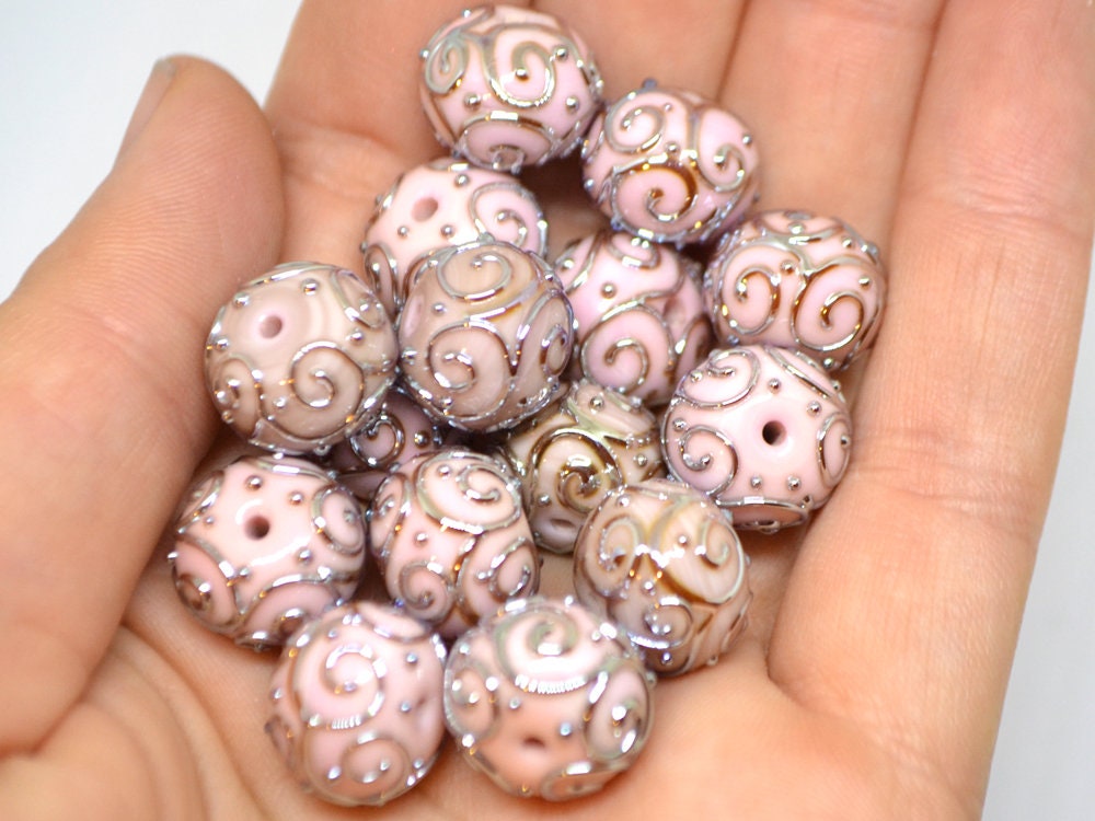 Pale pink beads with silver curls, Handmade glass beads, Artisan lampwork Set, SRA beads, Round beads, Jewelry making, Beads set
