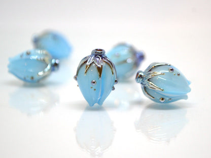 Handmade glass sky blue flower beads|Light Blue Silver|Glass pendant|Flower bud bead|Floral lampwork|Something blue|Wedding jewelry making