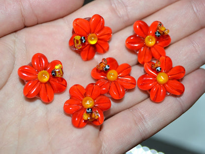 Lampwork Chamomile flower beads with bee, Red glass beads, Floral lampwork, Lentils beads, Summer glass beads, Artisan lampwork, red flower