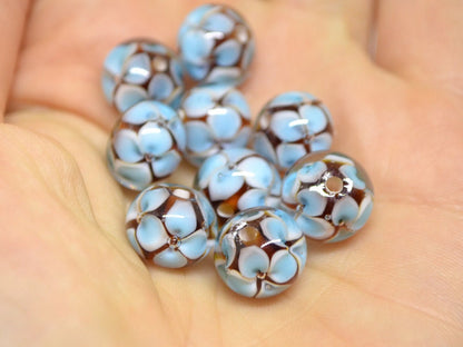 Blue 3d flowers on topaz beads, Rondelle beads, Blue flower Glass beads, Murano glass beads, Artisan lampwork