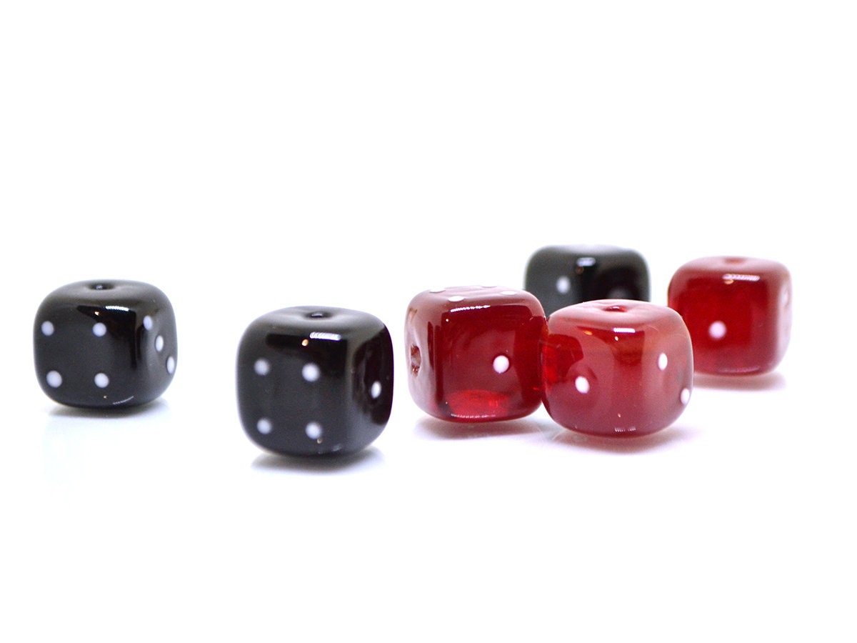 Black Red dice beads, Glass cube beads, Handmade lampwork beads, Casino lover, Funky dice glass beads, black dice, red dice