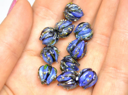 Blue black flower glass beads, Artisan lampwork floral beads, 10mm flower beads, space beads, Floral lampwork, Black flower blue silver