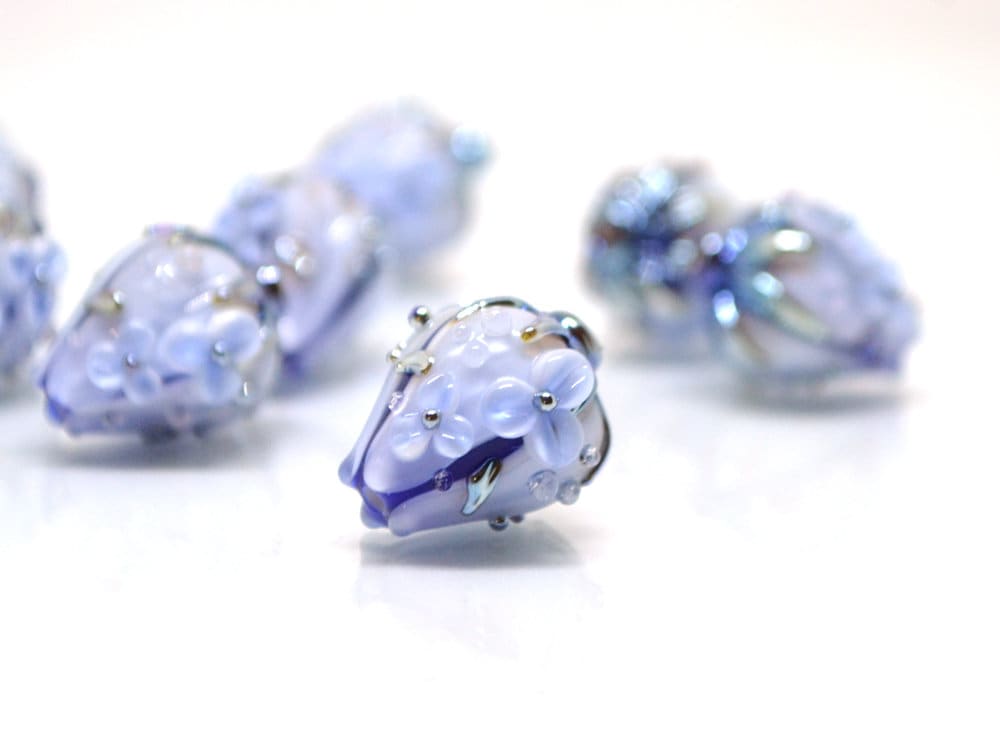 Blue Glass flower bouquet on lampwork bud beads, Pale blue lampwork beads, Miniature flowers, Something blue