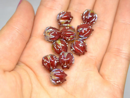 Flower lampwork bead, 10mm Dark red flower bud with silver, Artisan lampwork bead sets, Floral lampwork Bordeaux Garnet Glass beads Handmade