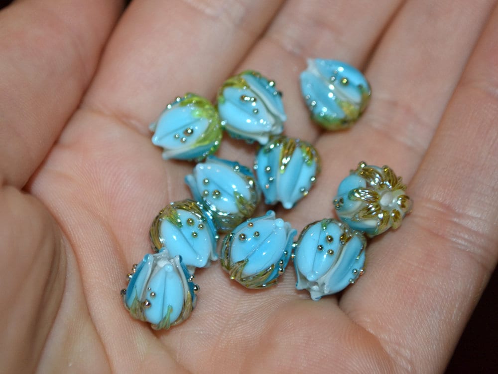Lampwork glass flower beads 10mm, Light aquamarine flower buds with green gold leaves, Handmade lampwork, blue glass beads, Something blue