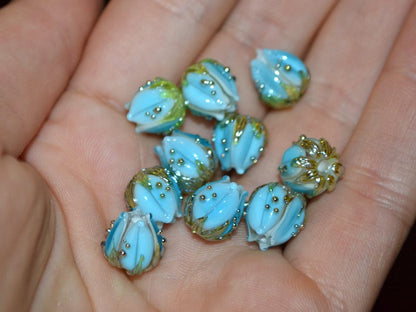 Lampwork glass flower beads 10mm, Light aquamarine flower buds with green gold leaves, Handmade lampwork, blue glass beads, Something blue