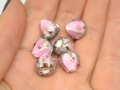 Tender Pale pink glass flower beads gold leaves, Artisan lampwork, 10mm flower bead, Pastel pink beads