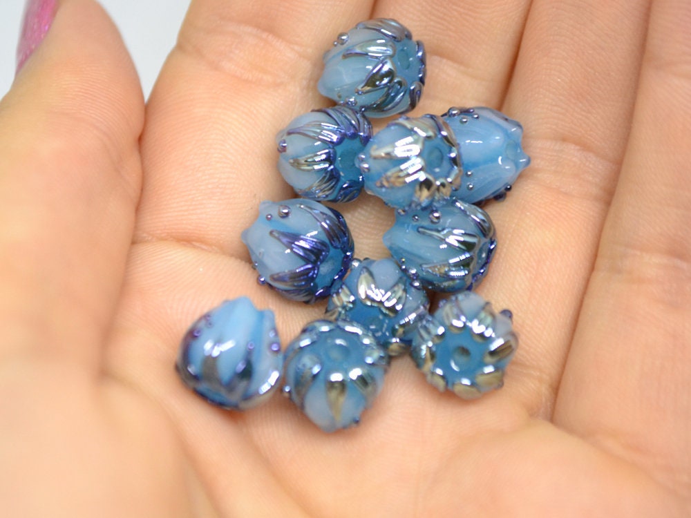 Pastel blue flower beads silver, 10mm glass beads, Flower lampwork bead, Floral lampwork, Artisan lampwork, Beads for Jewelry supplies, Bead