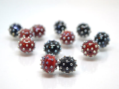Red black handmade glass beads with silver dots, Artisan lampwork, Beads for bracelet, beads pimples