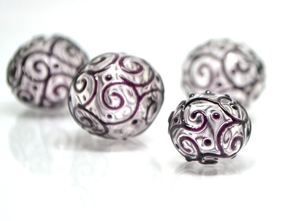 Clear hollow glass beads with black curls, Textured lampwork beads, Transparent clear beads, Artisan Lampwork