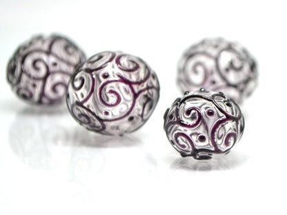 Clear hollow glass beads with black curls, Textured lampwork beads, Transparent clear beads, Artisan Lampwork