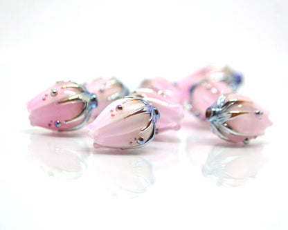 Milk pink and gold flower glass beads, Floral lampwork, Beads for jewelry, Artisan lampwork, Light pink beads, Handmade glass beads for you
