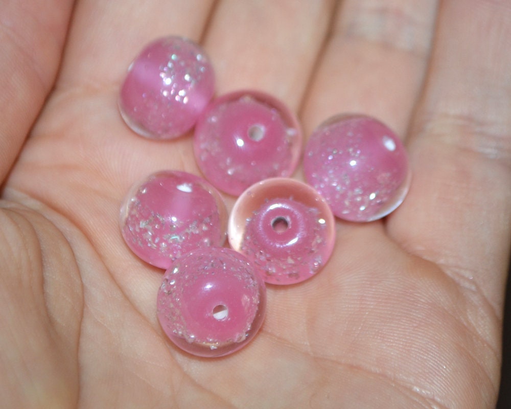 Pink lampwork foil beads, Handmade glass, Artisan lampwork, Shimmering Sparkling Round Silver Wedding jewelry making bead bride set bracelet