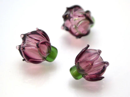 purple flower lampwork glass bud beads floral jewelry making set artisan lampwork earrings necklace violet amethyst transparent green