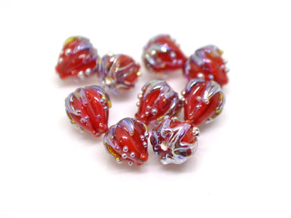 Deep red 7mm floral lampwork beads, Red and Silver flower beads, Small glass beads, Half drilled beads, Tiny glass beads, Bordeaux beads