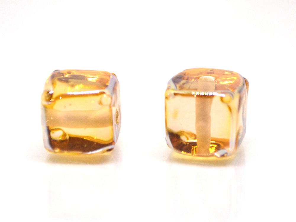 Gold yellow square beads, Honey yellow cube beads,  12mm square beads, Sunny cube beads, Yellow lampwork beads, Handmade glass beads