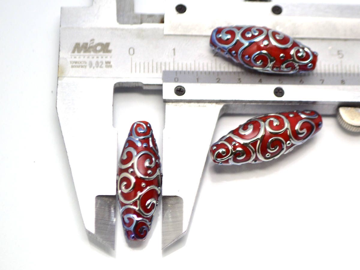 red silver lampwork beads artisan lampwork lampwork beads set rhombus oval textured mirror beads jewelry making bright deep red silver glass