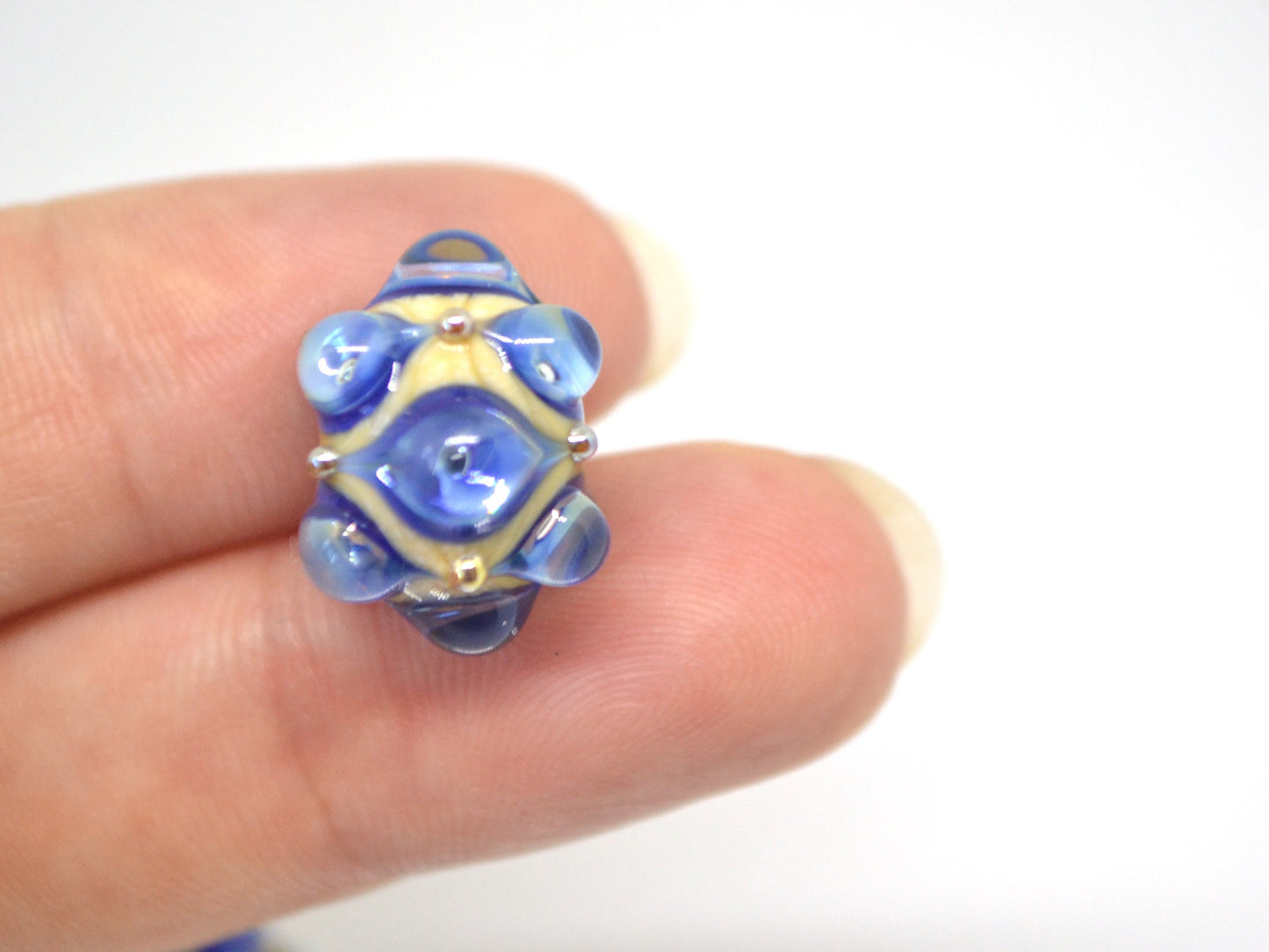 Blue beige handmade glass bead, 15 mm glass beads, Deep blue lampwork, Artisan lampwork, Beads for necklaces, Jewelry beads