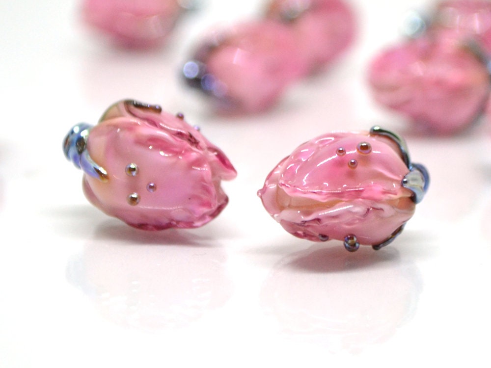 Amazing pink lampwork flower beads, Pink white glass floral beads, Focal lampwork beads