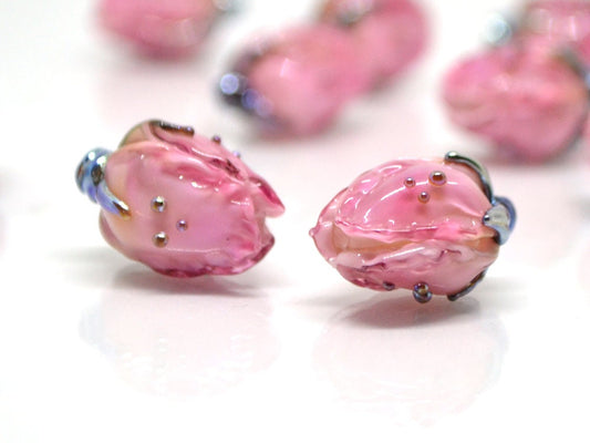 Amazing pink lampwork flower beads, Pink white glass floral beads, Focal lampwork beads