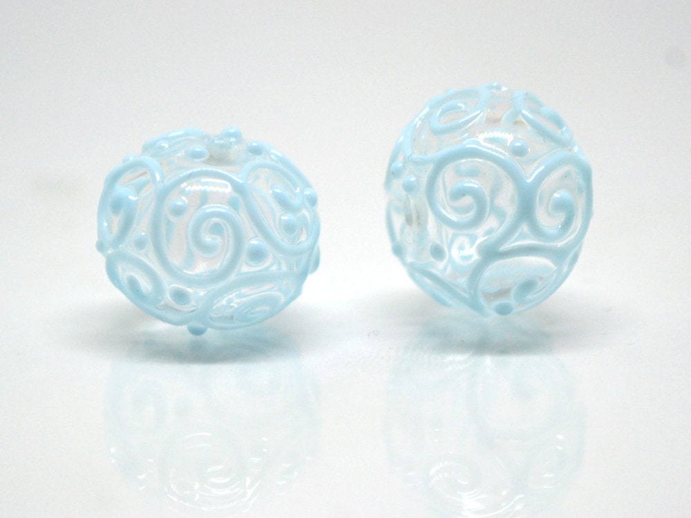 Clear hollow glass beads with blue curls, Artisan lampwork beads, Winter glass beads, Snow design beads, Snow jewelry making