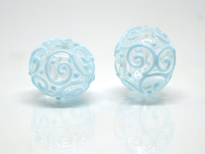 Clear hollow glass beads with blue curls, Artisan lampwork beads, Winter glass beads, Snow design beads, Snow jewelry making