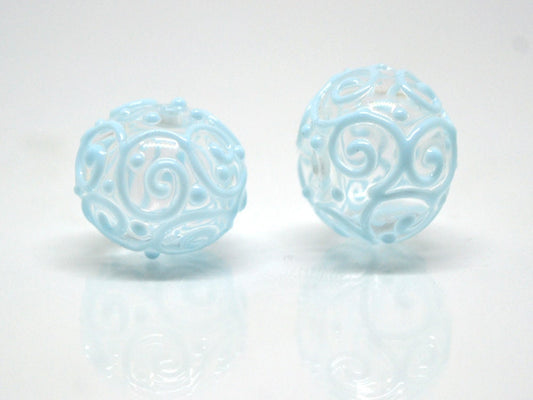 Clear hollow glass beads with blue curls, Artisan lampwork beads, Winter glass beads, Snow design beads, Snow jewelry making