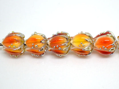 Red orange glass beads gold dots, 10mm flower beads, Artisan lampwork bead, Red lampwork spacer, Craft beads, Floral lampwork, Flower spacer