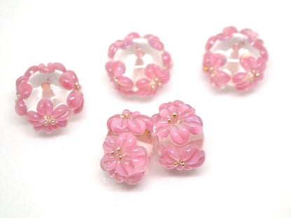 Pink flower beads, Clear Rondelle beads with flowers, Rondelle lampwork, Handmade lampwork, rondelle glass beads, lampwork spacer,Pink bead
