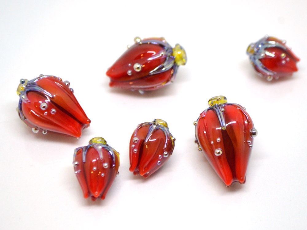Deep red lampwork flower beads, Dark red glass floral beads, Large flower beads, Floral glass pendant, Focal lampwork